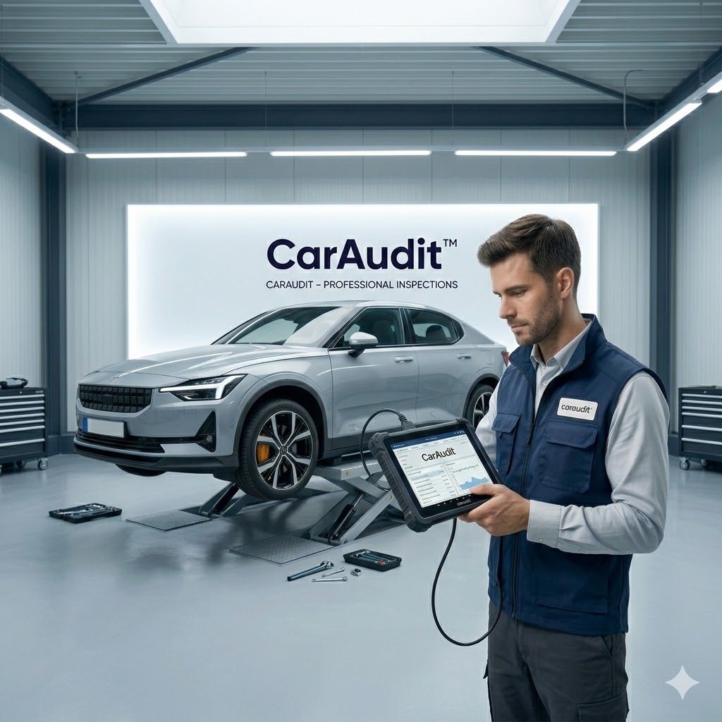 Technik CarAudit mierzy grubość lakieru podczas inspekcji samochodu używanego